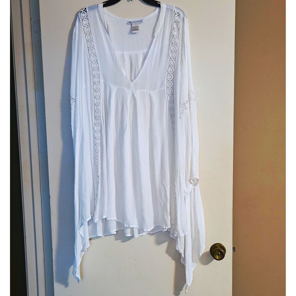 Cute Options White Lace V-Neck Long Sleeve Pullover Blouse Size L